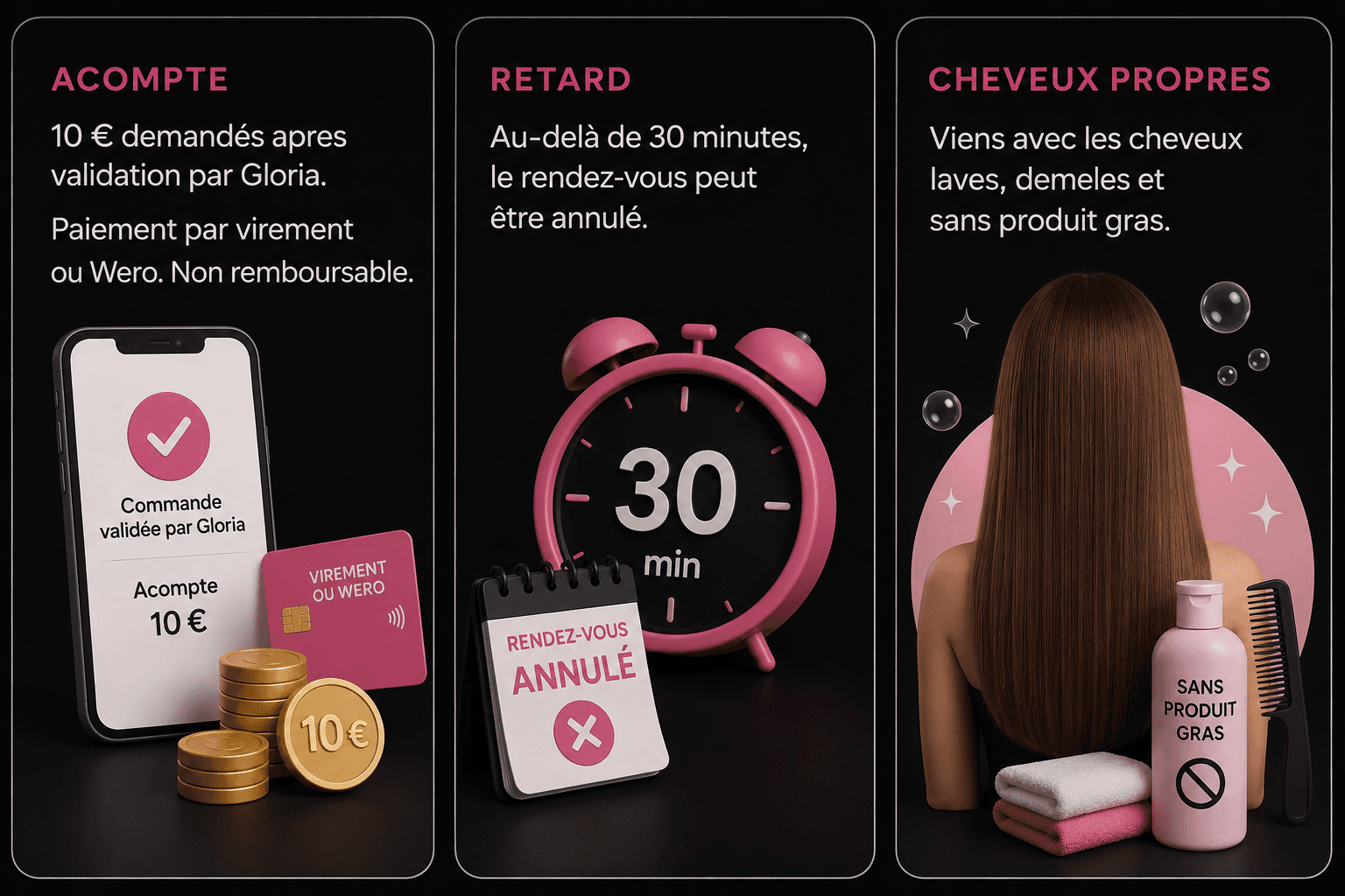 À savoir avant de réserver — acompte, retard et cheveux propres